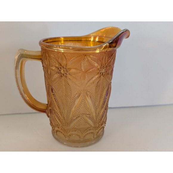 Vintage Iridescent Gold Carnival Glass Pitcher  Embossed Floral  6" Tall - Picture 1 of 5
